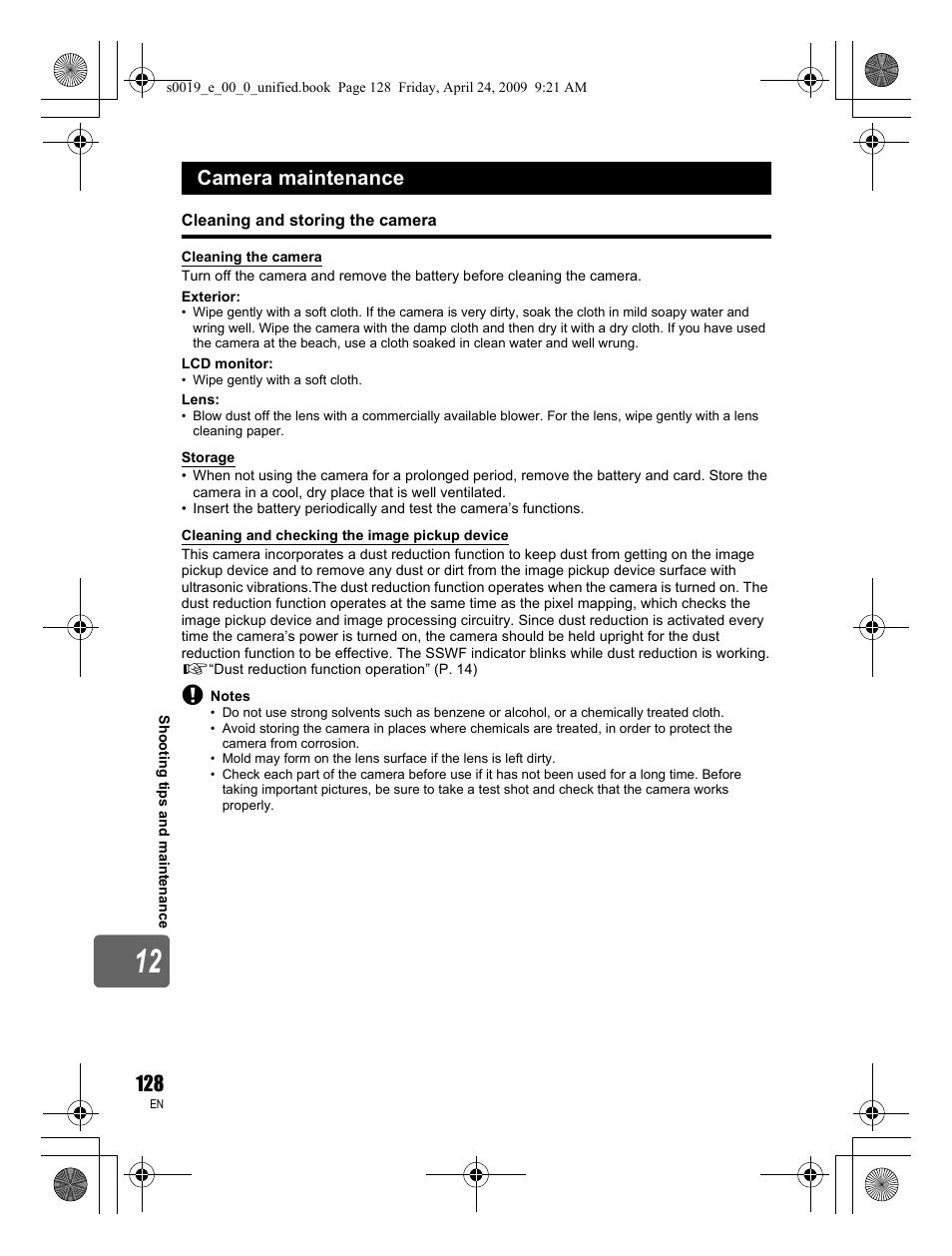 Camera maintenance | Olympus E-P1 User Manual | Page 128 / 164