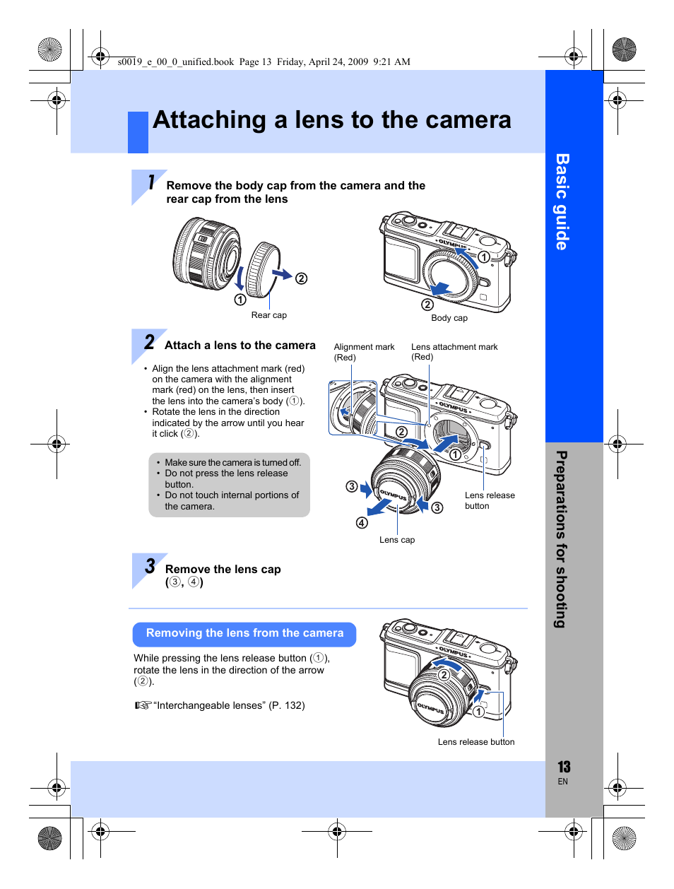 Attaching a lens to the camera, Basic guid e | Olympus E-P1 User Manual | Page 13 / 164