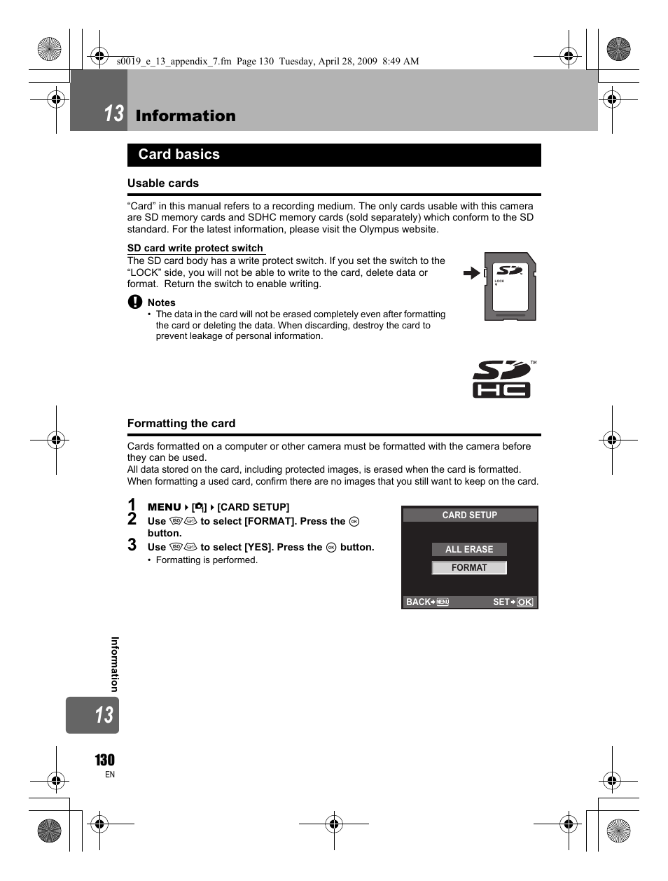 Information, Card basics | Olympus E-P1 User Manual | Page 130 / 164