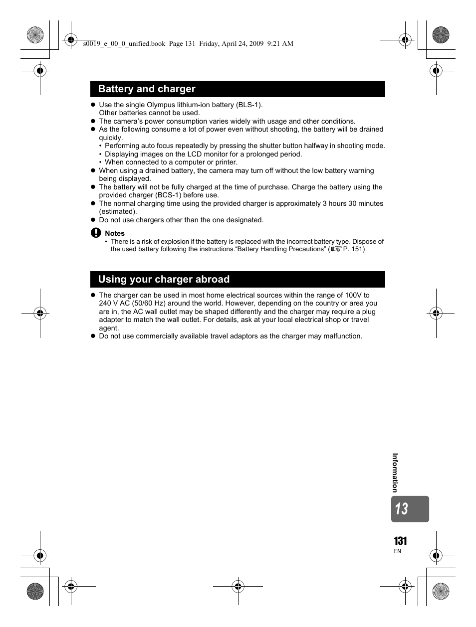 Battery and charger using your charger abroad | Olympus E-P1 User Manual | Page 131 / 164