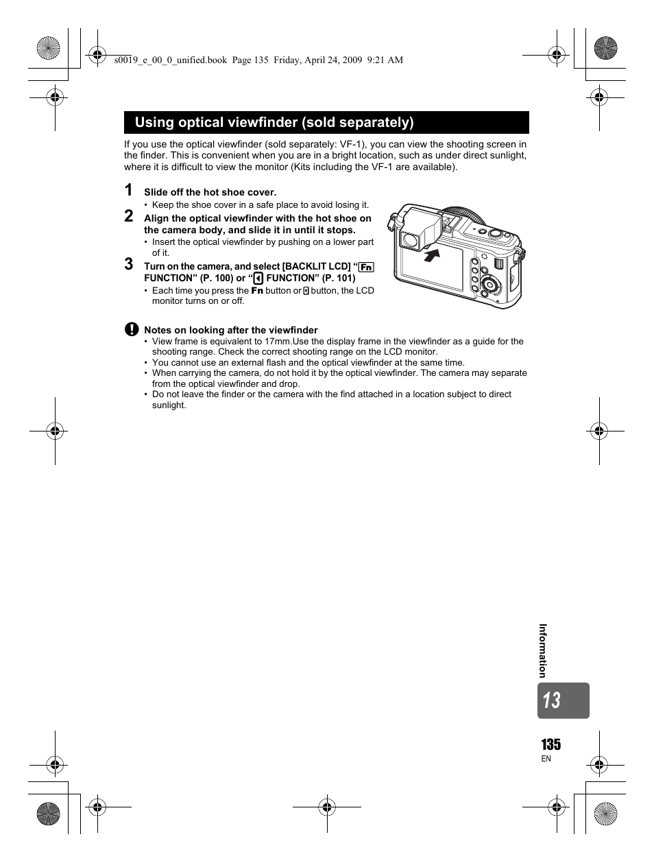 Using optical viewfinder (sold separately) | Olympus E-P1 User Manual | Page 135 / 164