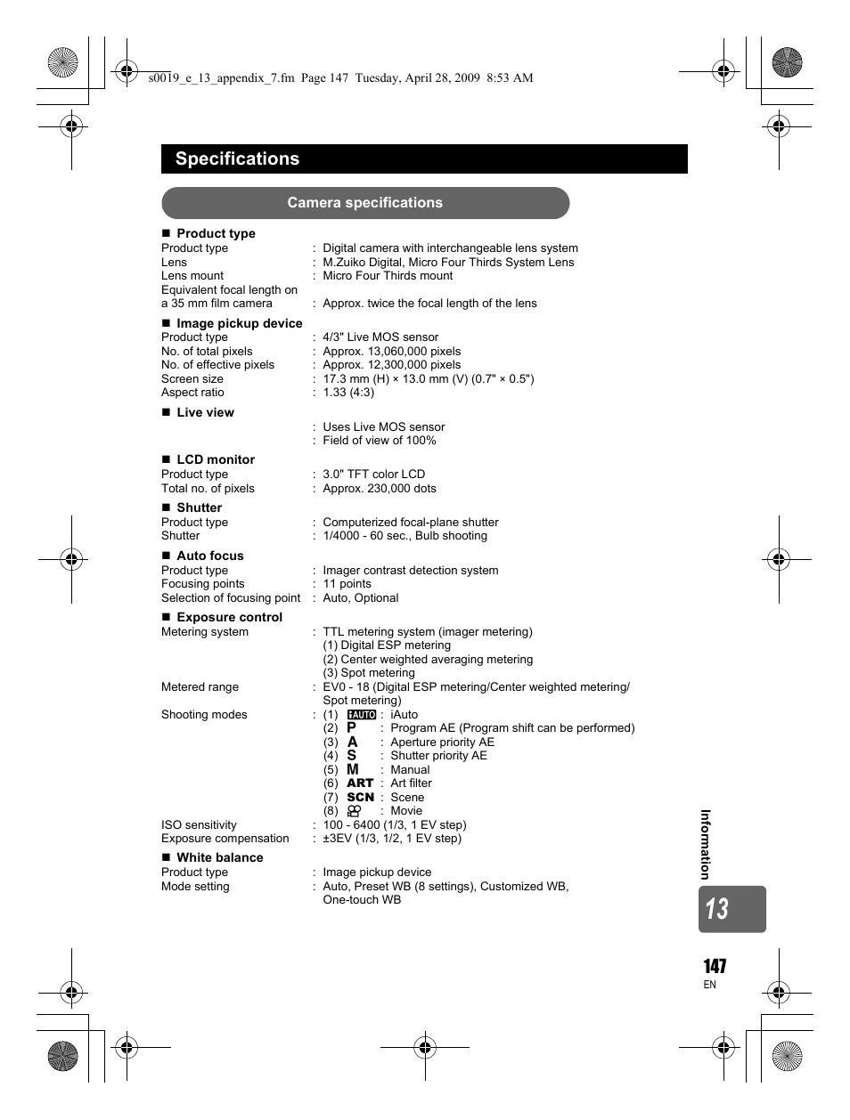Specifications | Olympus E-P1 User Manual | Page 147 / 164
