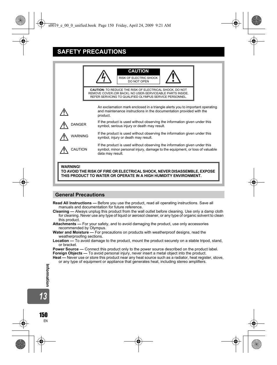 Safety precautions, General precautions | Olympus E-P1 User Manual | Page 150 / 164