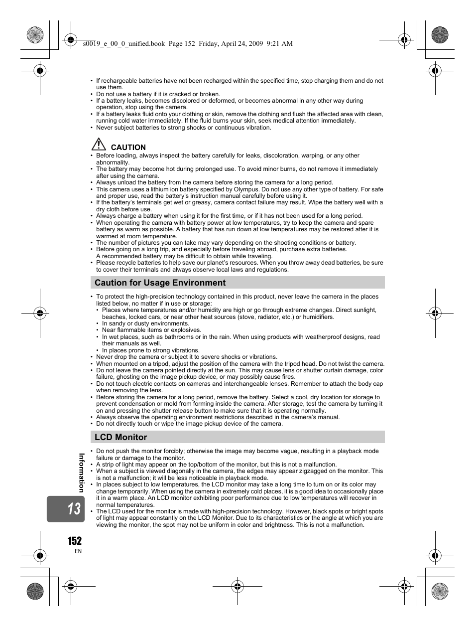Caution for usage environment lcd monitor | Olympus E-P1 User Manual | Page 152 / 164
