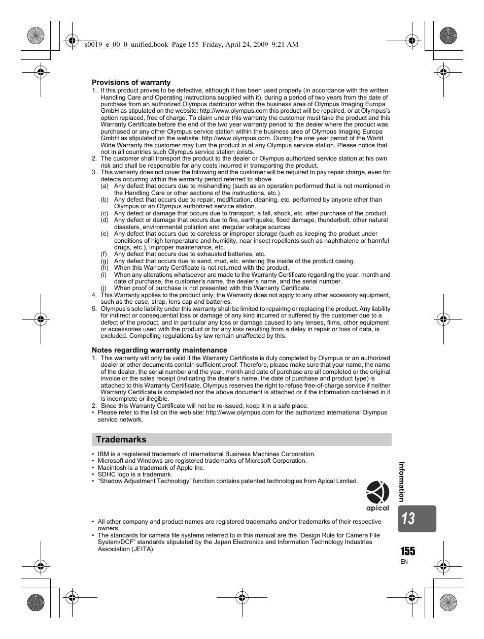 Trademarks | Olympus E-P1 User Manual | Page 155 / 164