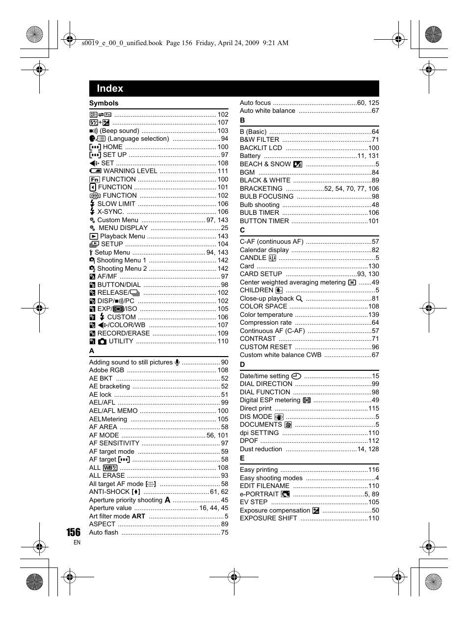 Index | Olympus E-P1 User Manual | Page 156 / 164