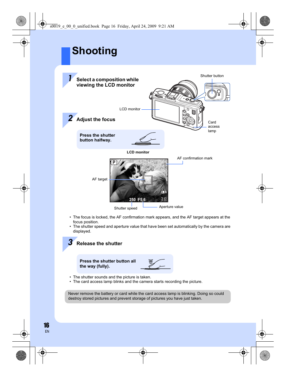Shooting | Olympus E-P1 User Manual | Page 16 / 164
