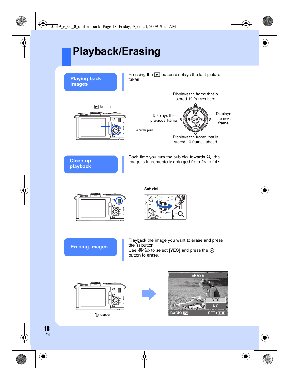 Playback/erasing | Olympus E-P1 User Manual | Page 18 / 164