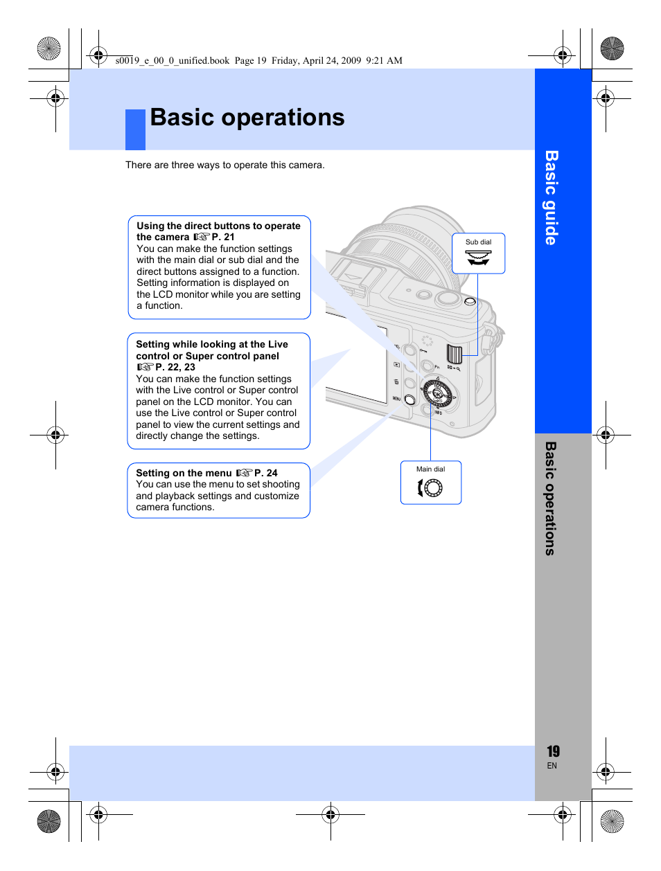 Basic operations, Basic guid e | Olympus E-P1 User Manual | Page 19 / 164