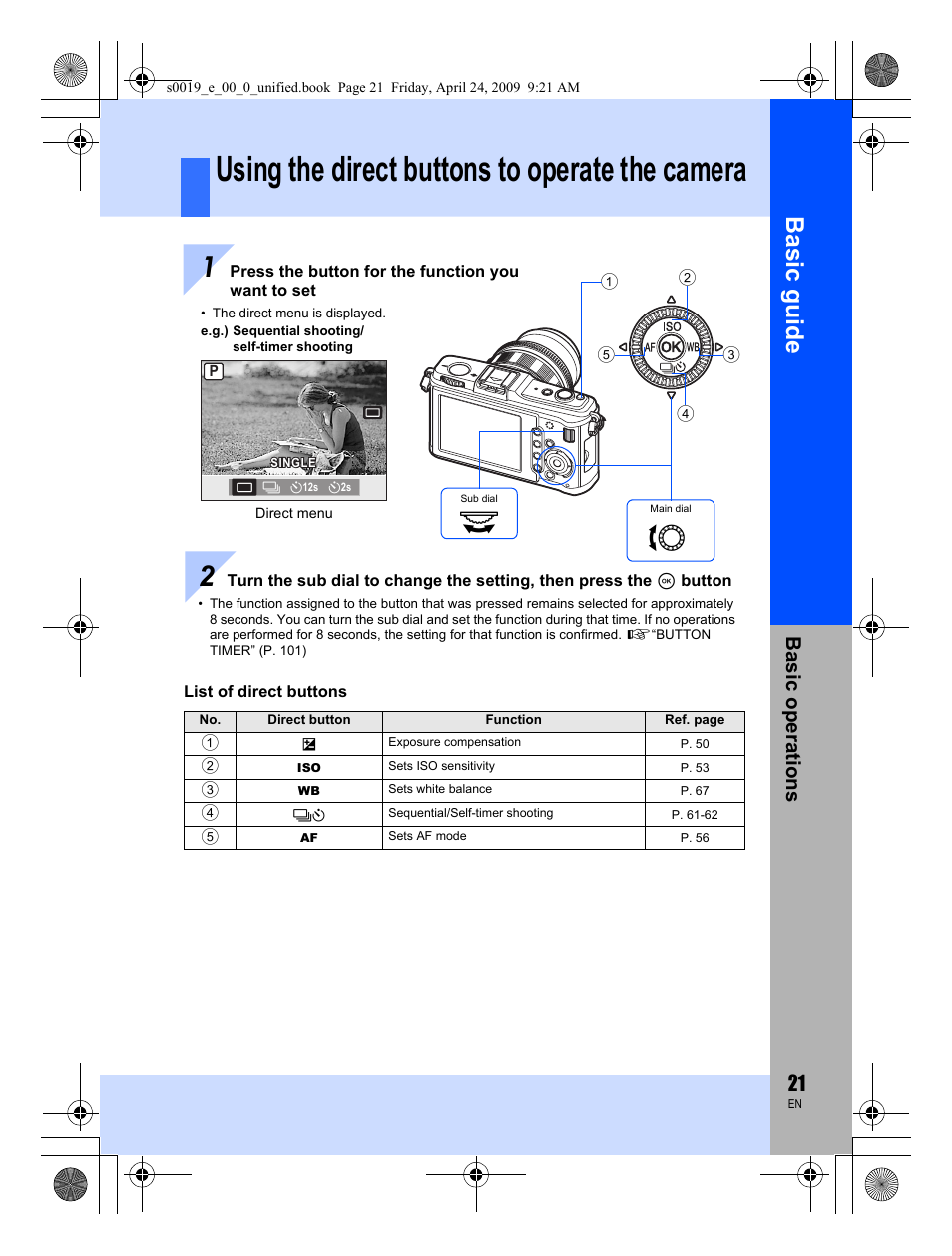 Using the direct buttons to operate the camera, Basic guid e, Basic op erat ions | Olympus E-P1 User Manual | Page 21 / 164