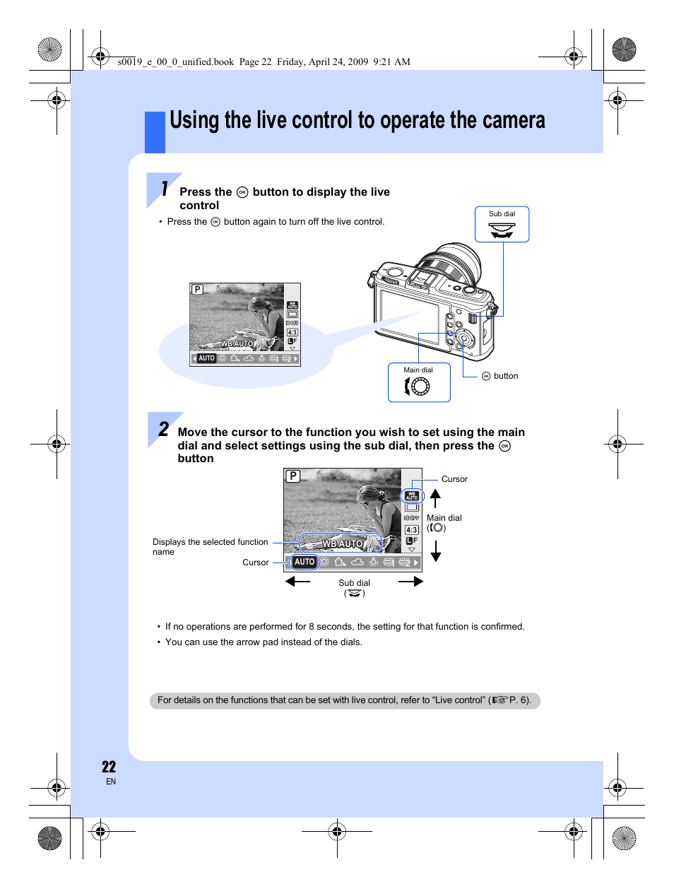 Using the live control to operate the camera | Olympus E-P1 User Manual | Page 22 / 164