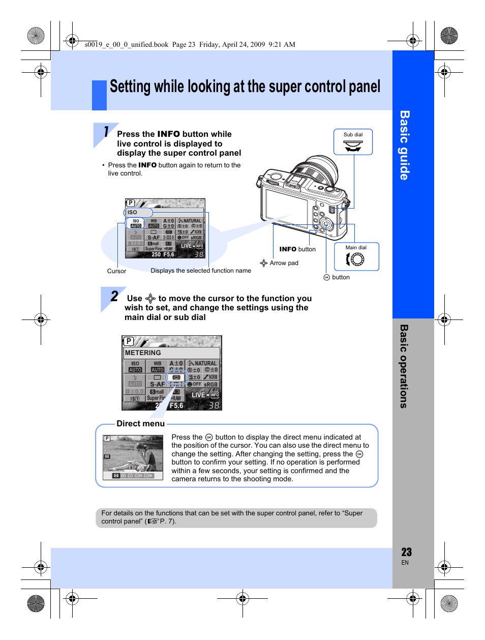Setting while looking at the super control panel, Basic guid e, Basic op erat ions | Olympus E-P1 User Manual | Page 23 / 164