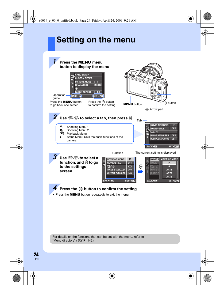 Setting on the menu | Olympus E-P1 User Manual | Page 24 / 164