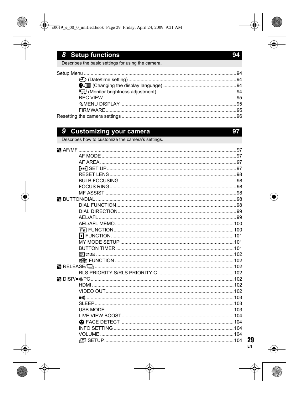 Setup functions 94, Customizing your camera 97 | Olympus E-P1 User Manual | Page 29 / 164