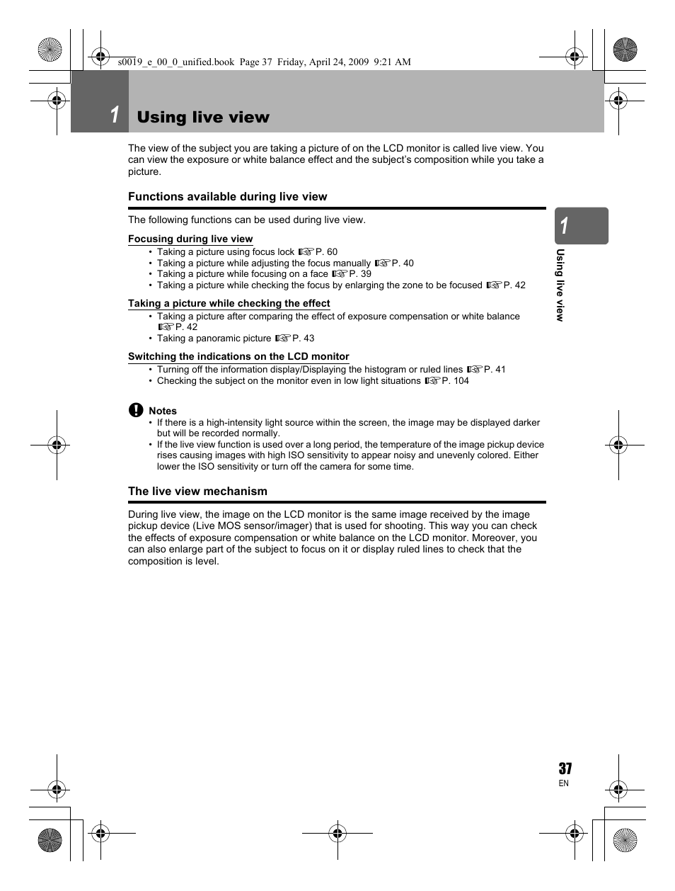 Using live view | Olympus E-P1 User Manual | Page 37 / 164