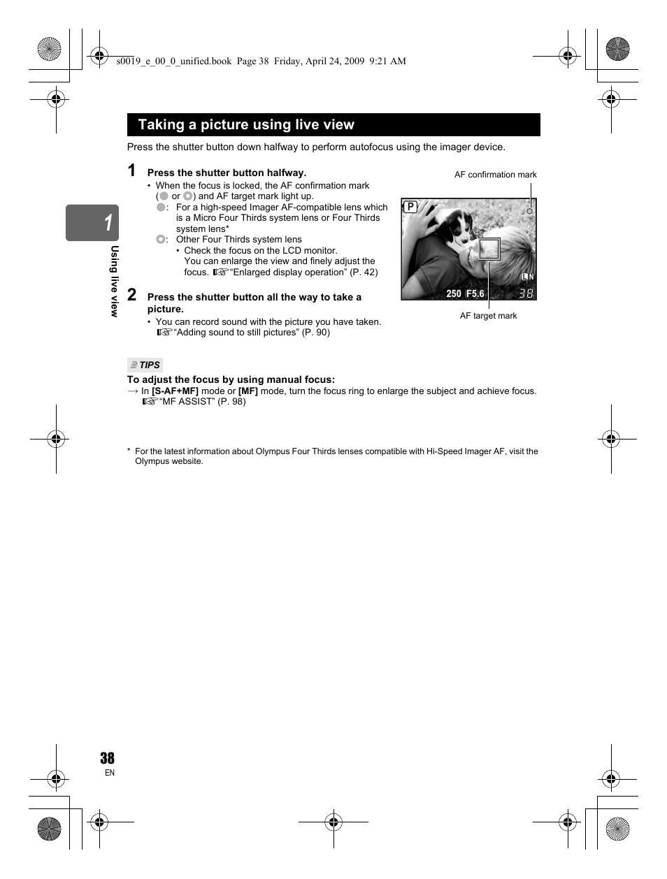 Taking a picture using live view | Olympus E-P1 User Manual | Page 38 / 164