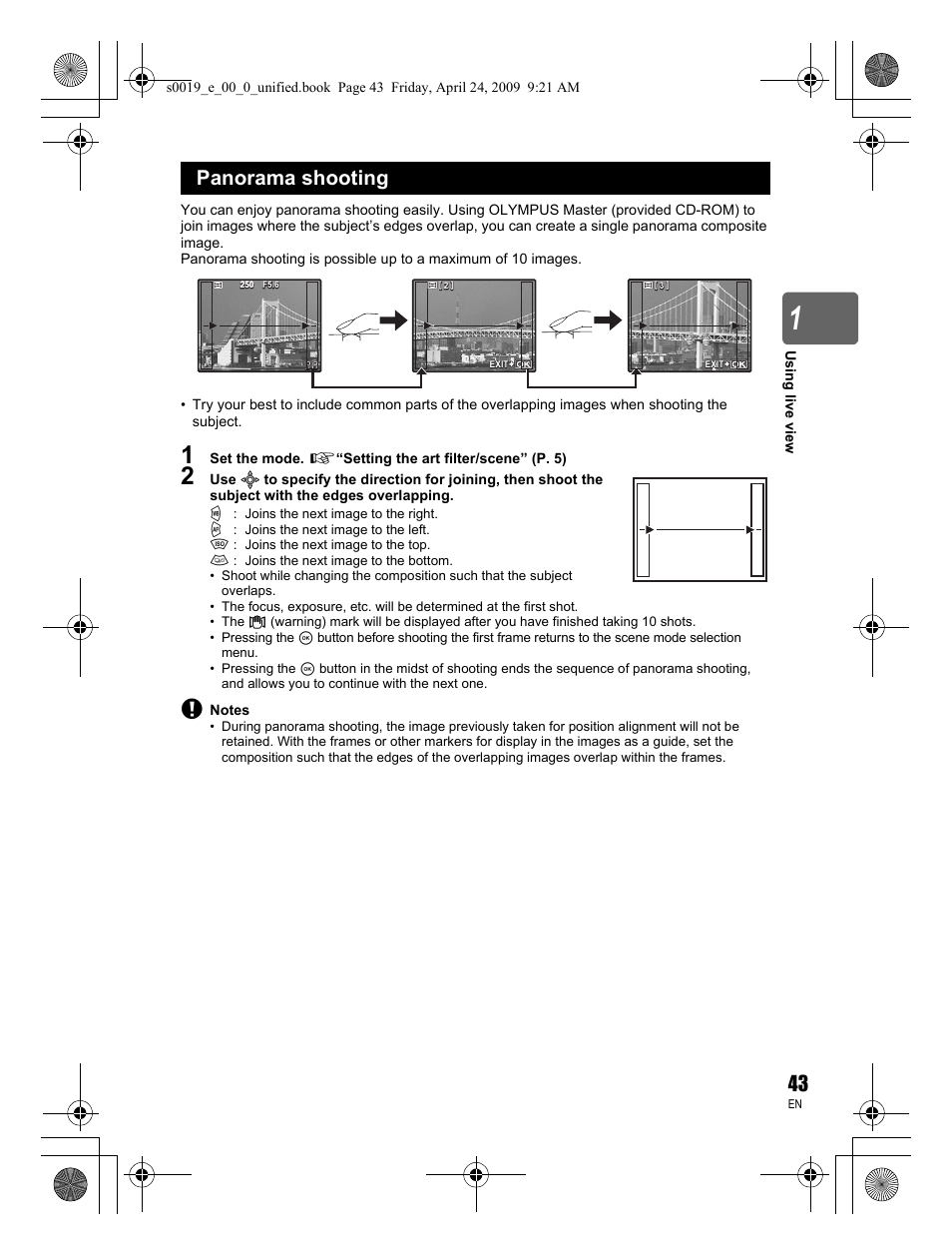 Panorama shooting | Olympus E-P1 User Manual | Page 43 / 164