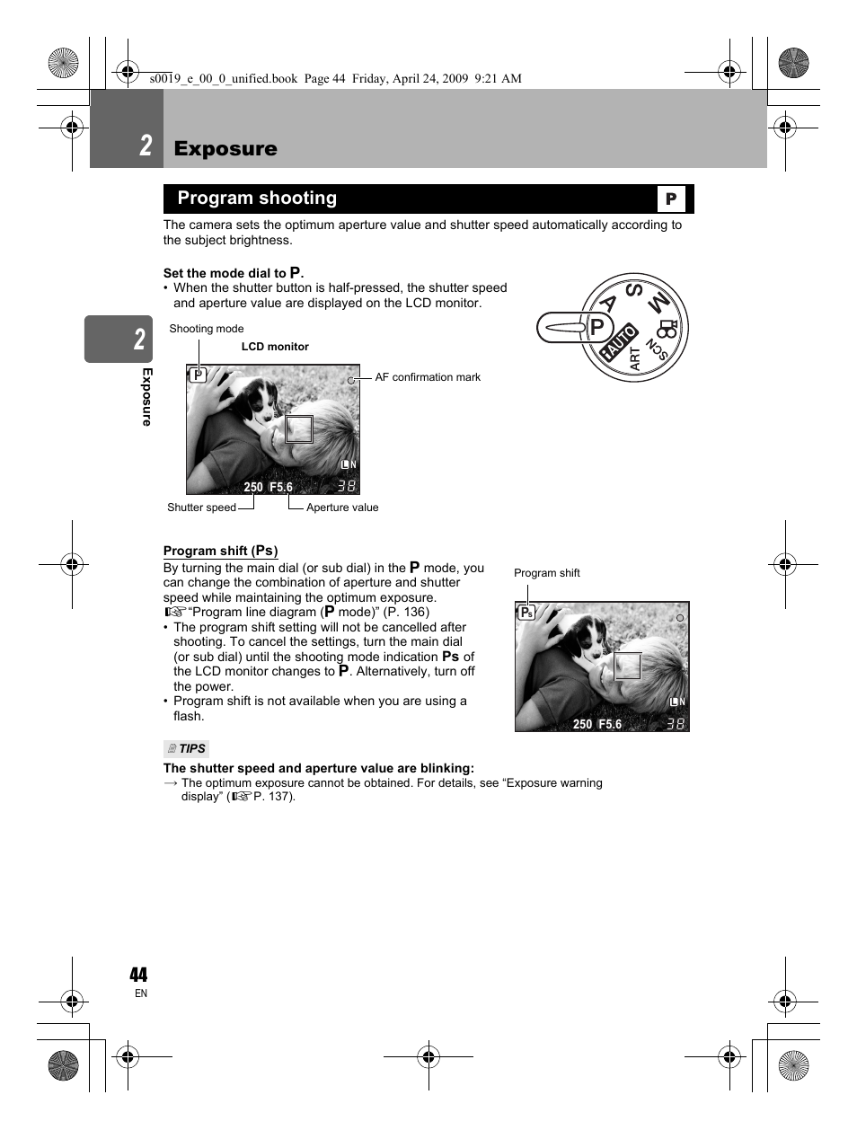 Exposure, Program shooting | Olympus E-P1 User Manual | Page 44 / 164