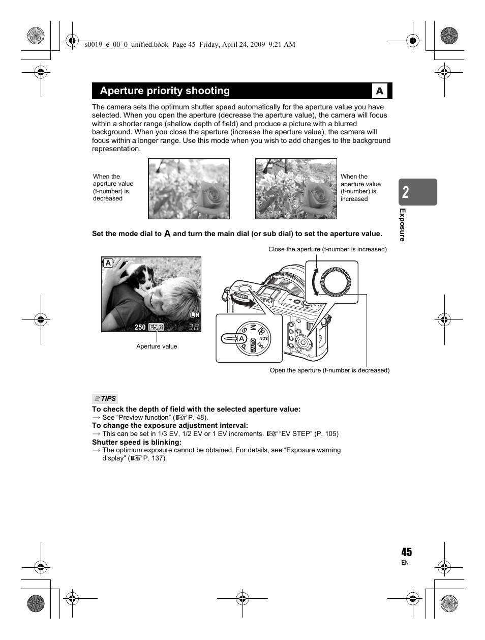Aperture priority shooting | Olympus E-P1 User Manual | Page 45 / 164