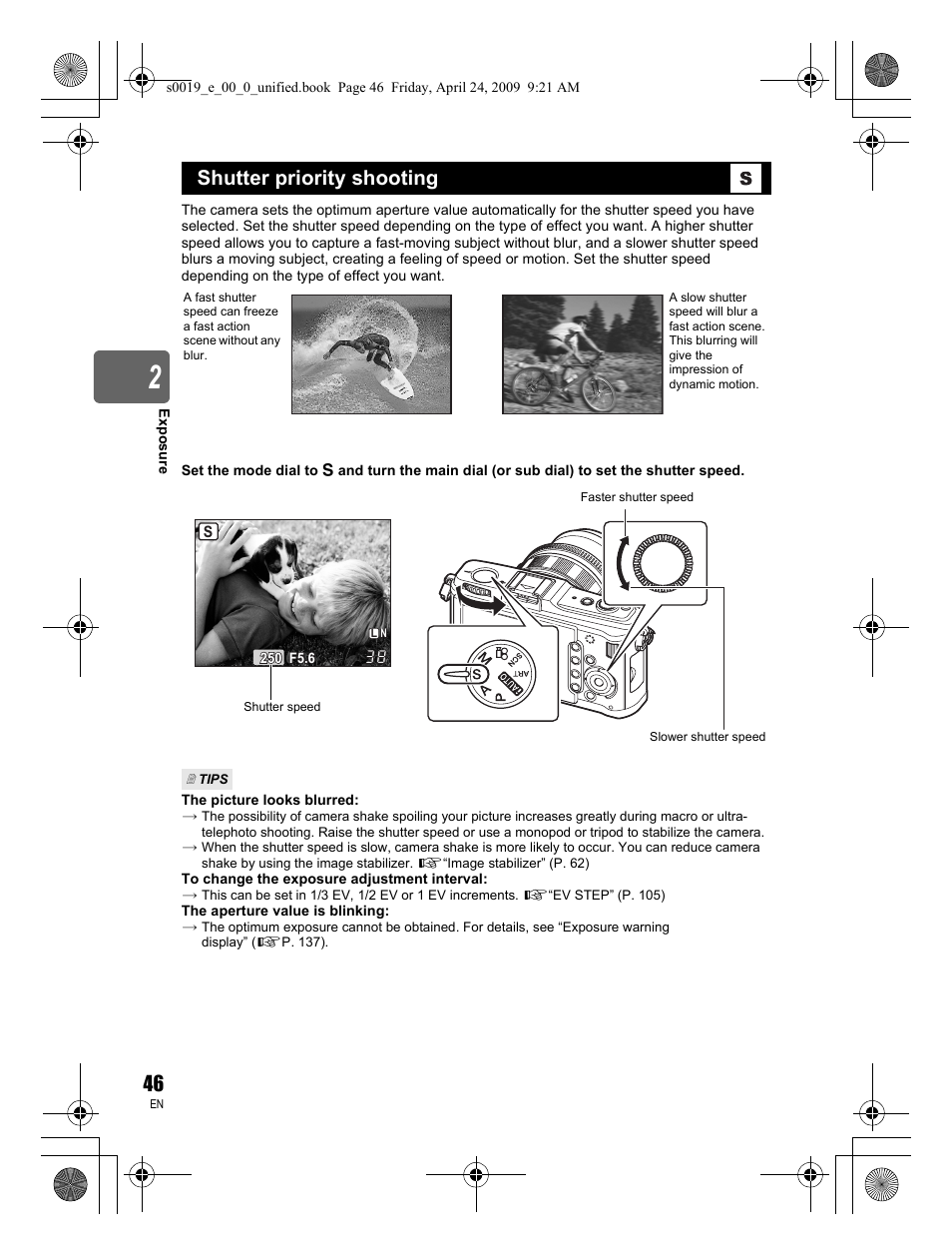 Shutter priority shooting | Olympus E-P1 User Manual | Page 46 / 164