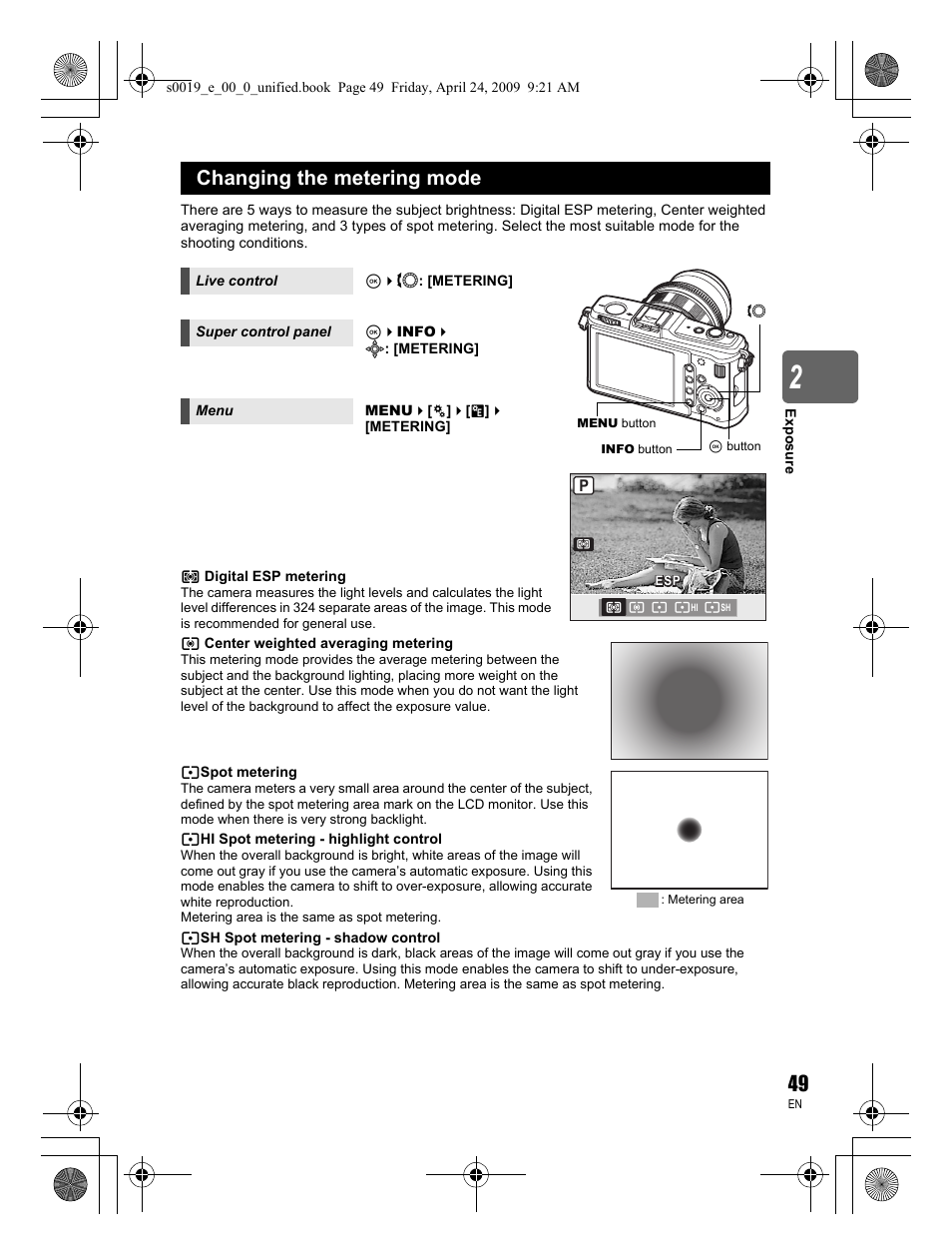 Changing the metering mode | Olympus E-P1 User Manual | Page 49 / 164