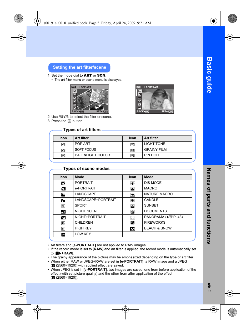 Basic guid e, Names o f par ts a nd fun c tion s | Olympus E-P1 User Manual | Page 5 / 164