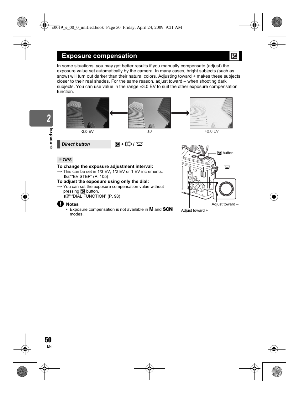 Exposure compensation | Olympus E-P1 User Manual | Page 50 / 164