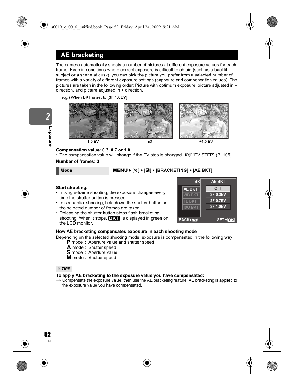 Ae bracketing | Olympus E-P1 User Manual | Page 52 / 164