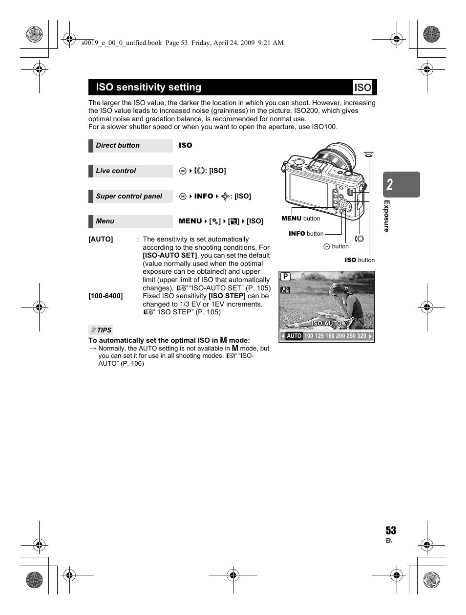 Iso sensitivity setting | Olympus E-P1 User Manual | Page 53 / 164