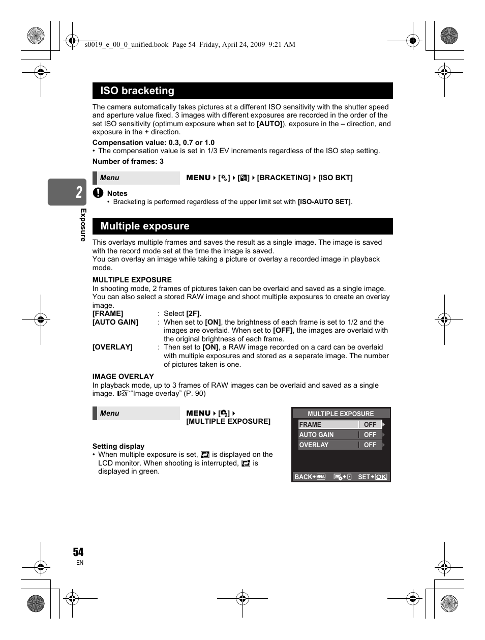 Iso bracketing, Multiple exposure | Olympus E-P1 User Manual | Page 54 / 164