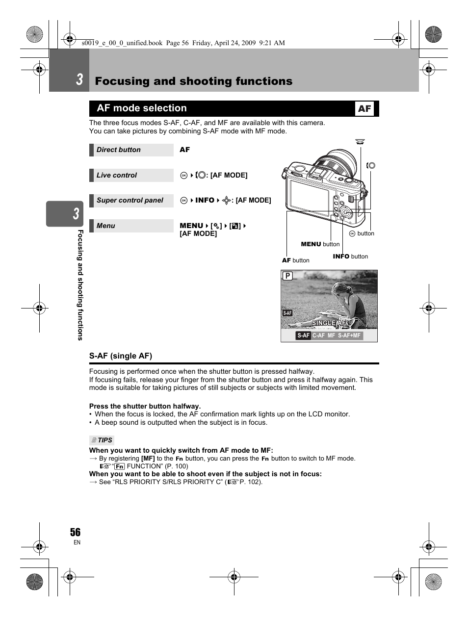 Focusing and shooting functions, Af mode selection | Olympus E-P1 User Manual | Page 56 / 164