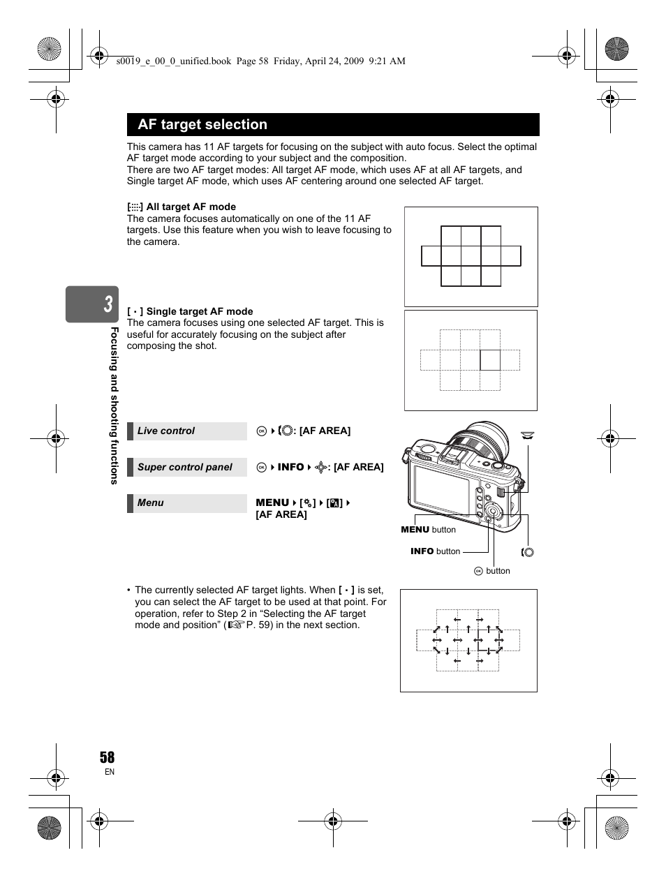 Af target selection | Olympus E-P1 User Manual | Page 58 / 164