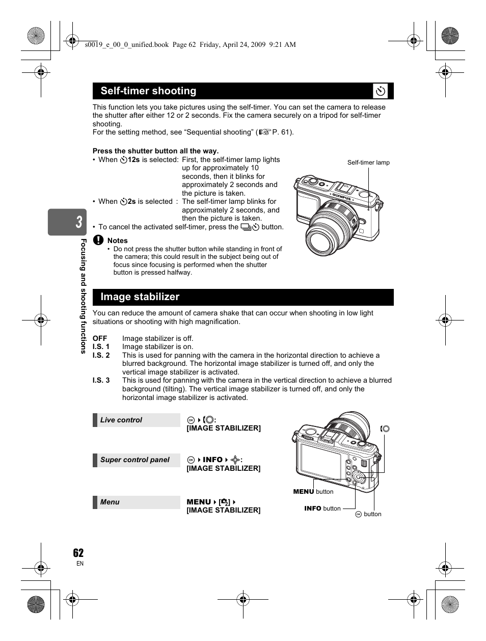 Self-timer shooting image stabilizer | Olympus E-P1 User Manual | Page 62 / 164