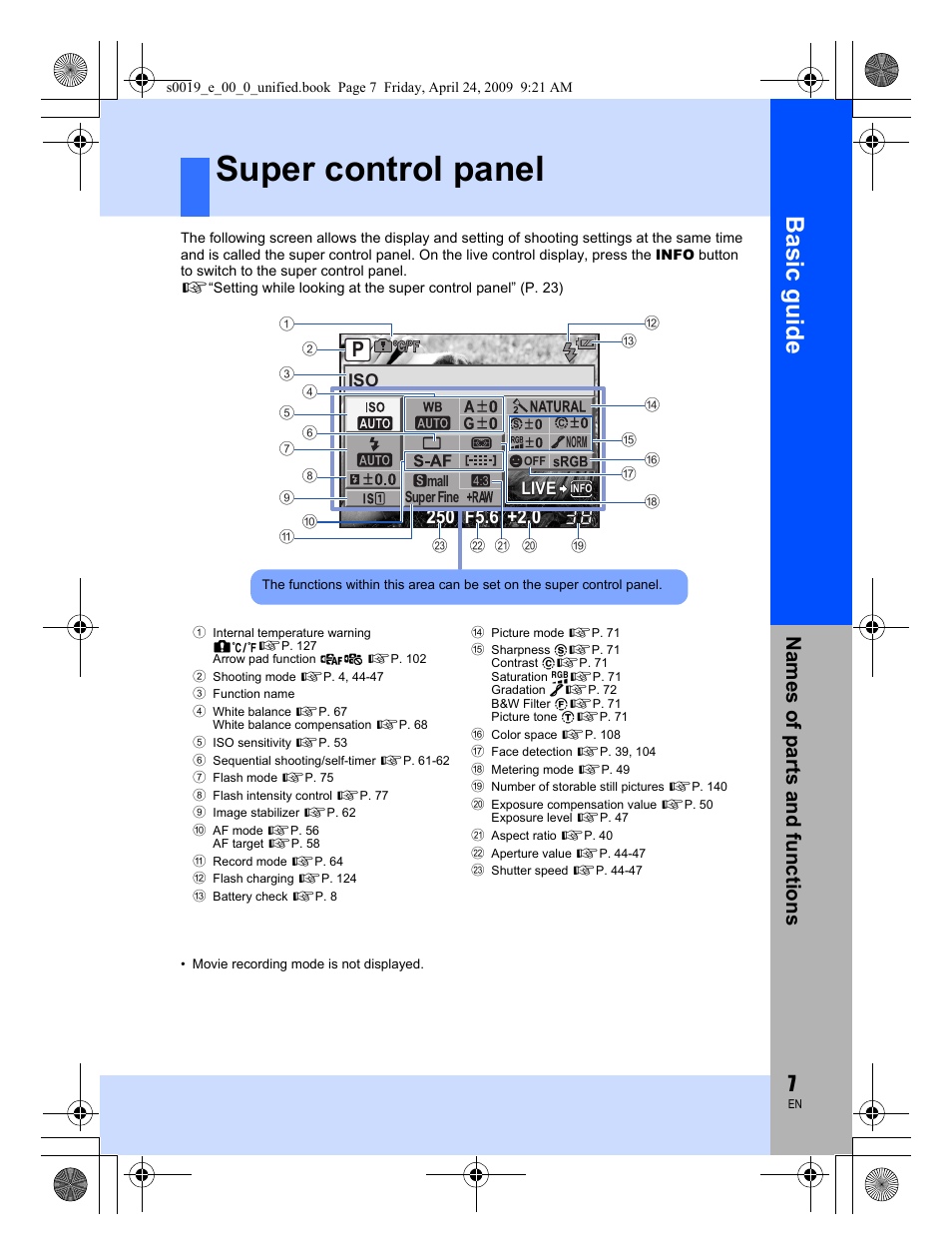 Super control panel, Basic guid e, Names o f par ts a nd fun c tion s | Olympus E-P1 User Manual | Page 7 / 164