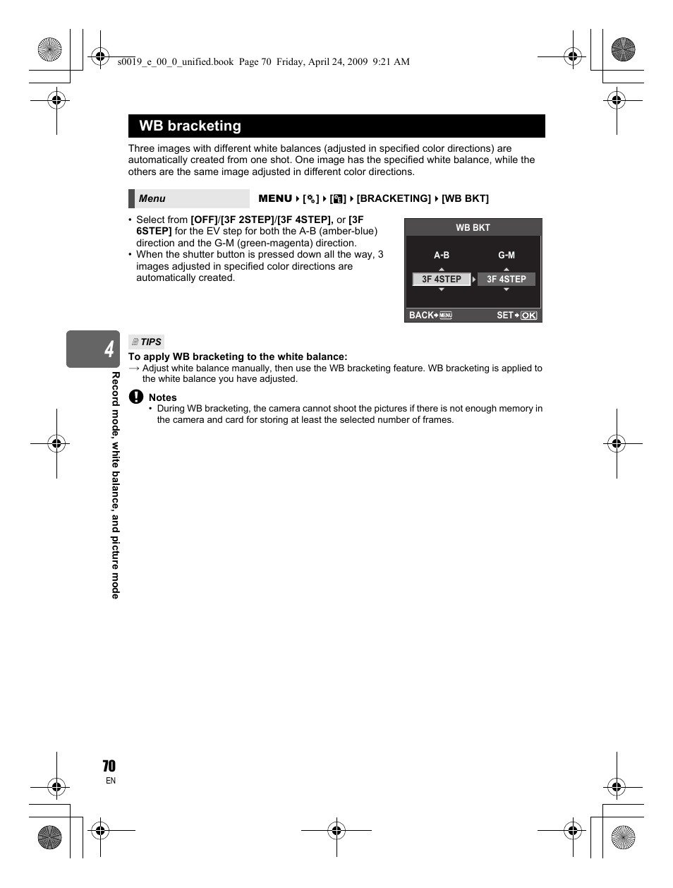 Wb bracketing | Olympus E-P1 User Manual | Page 70 / 164