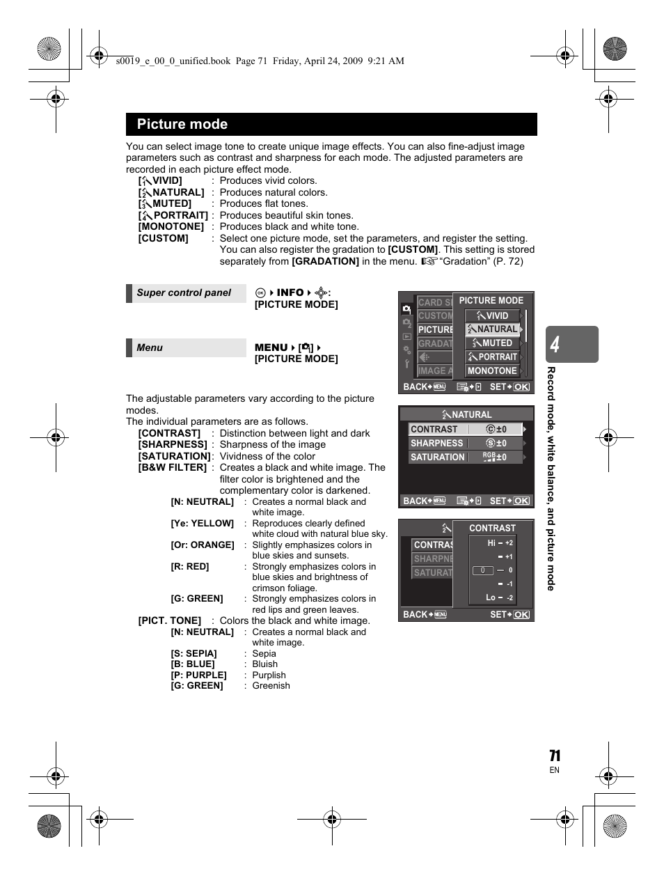 Picture mode | Olympus E-P1 User Manual | Page 71 / 164