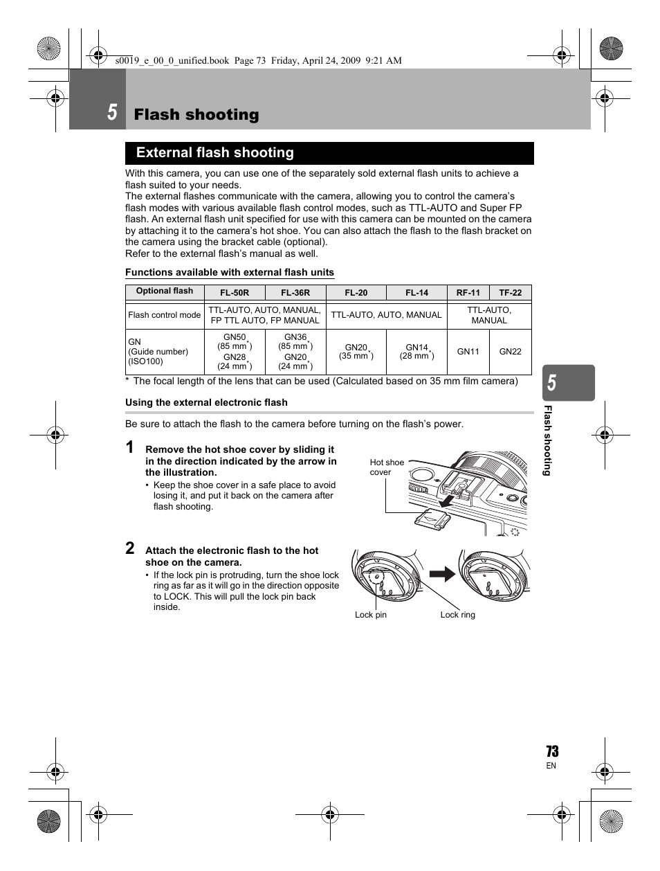 Flash shooting, External flash shooting | Olympus E-P1 User Manual | Page 73 / 164
