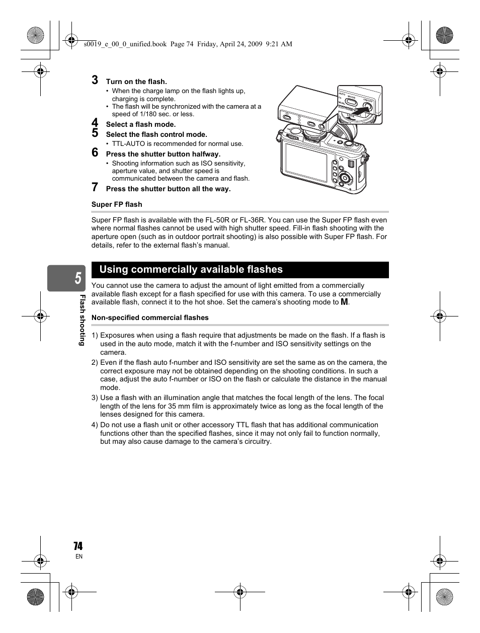 Using commercially available flashes | Olympus E-P1 User Manual | Page 74 / 164