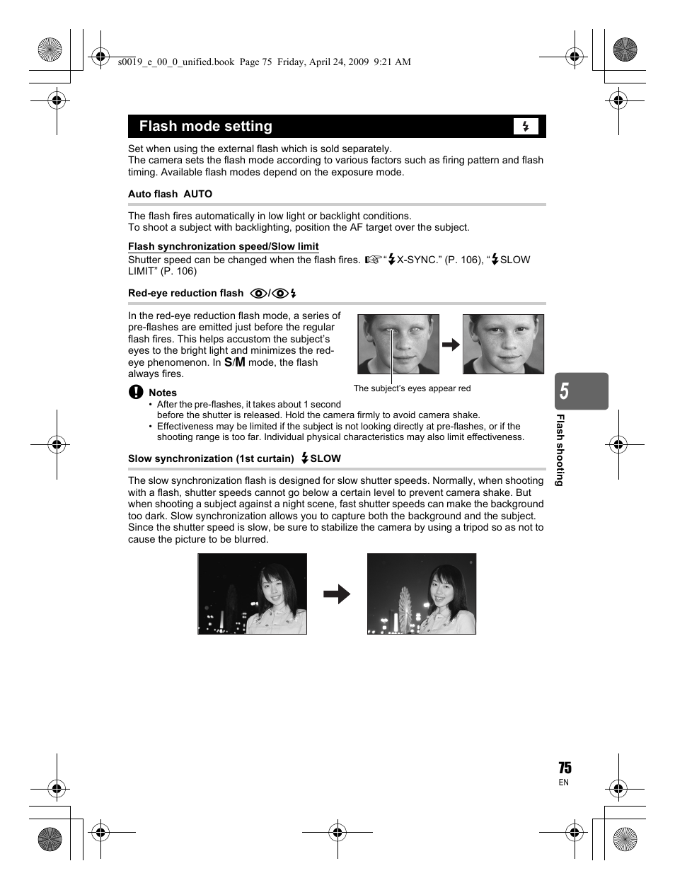 Flash mode setting | Olympus E-P1 User Manual | Page 75 / 164