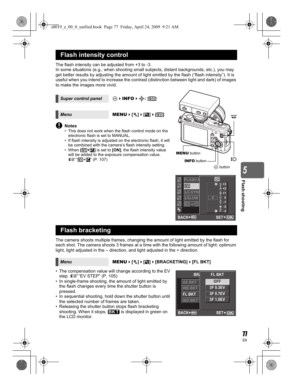 Flash intensity control, Flash bracketing | Olympus E-P1 User Manual | Page 77 / 164