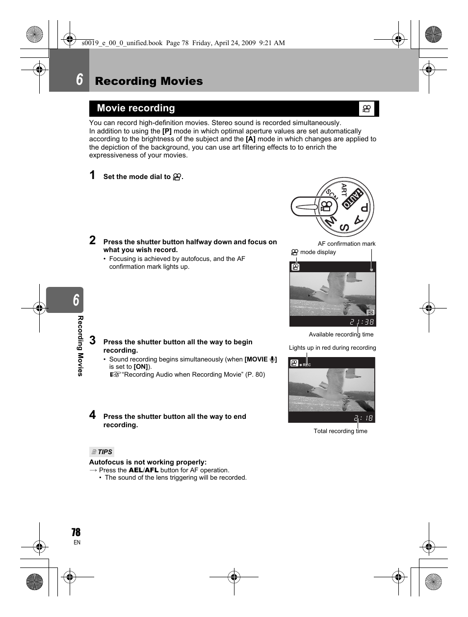 Recording movies, Movie recording | Olympus E-P1 User Manual | Page 78 / 164