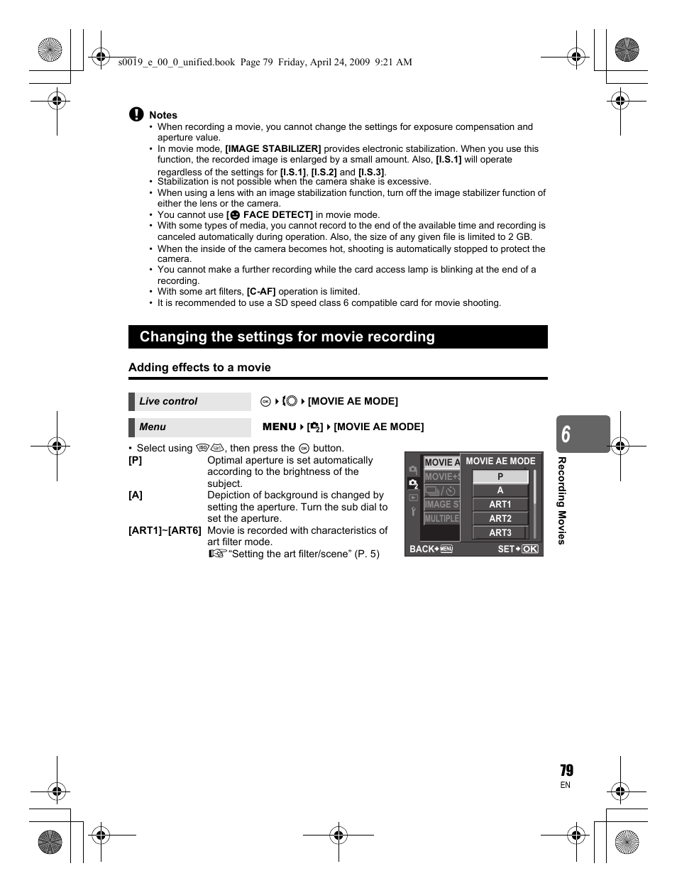 Changing the settings for movie recording | Olympus E-P1 User Manual | Page 79 / 164