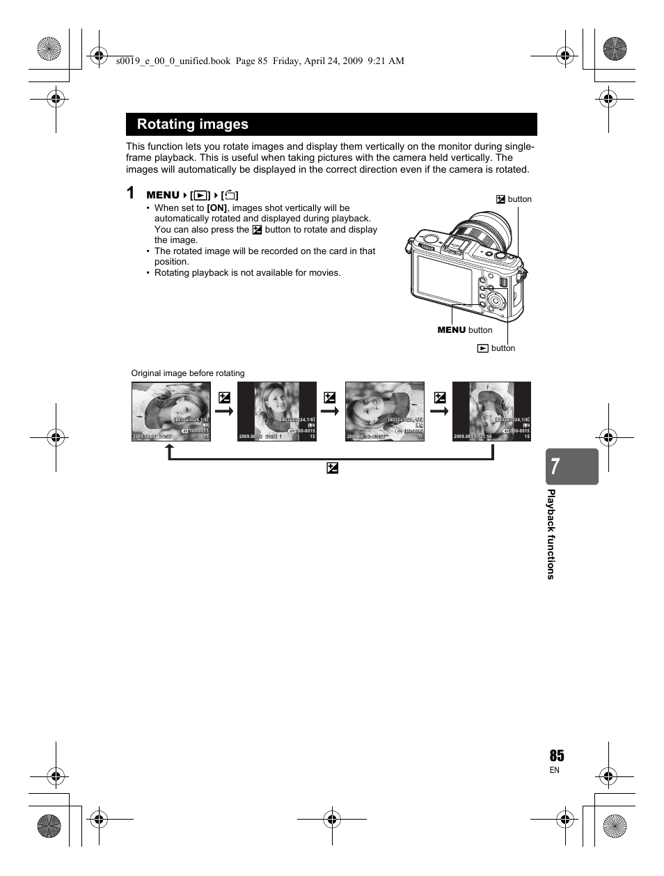 Rotating images, Menu [ q ]  [ y | Olympus E-P1 User Manual | Page 85 / 164