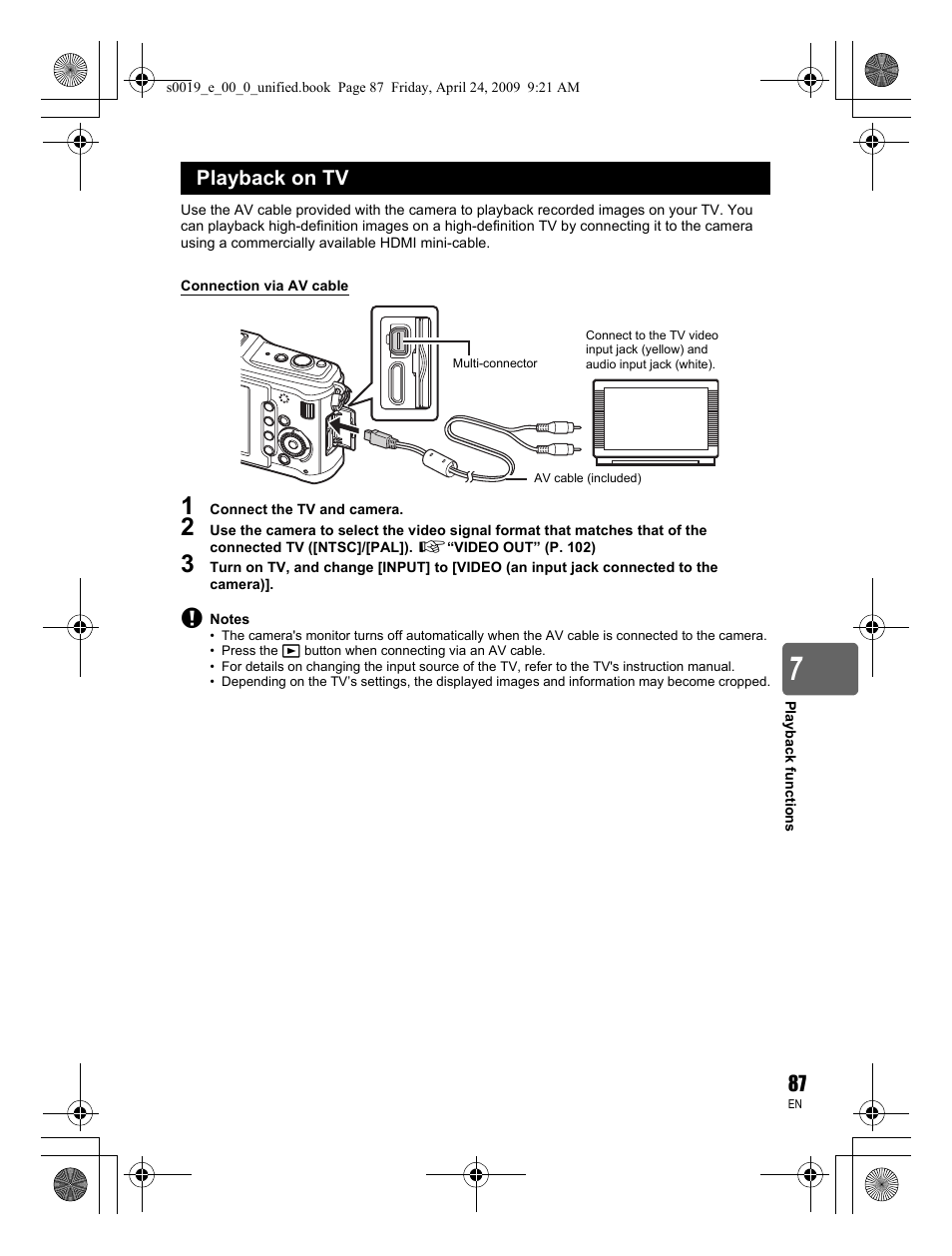 Playback on tv | Olympus E-P1 User Manual | Page 87 / 164