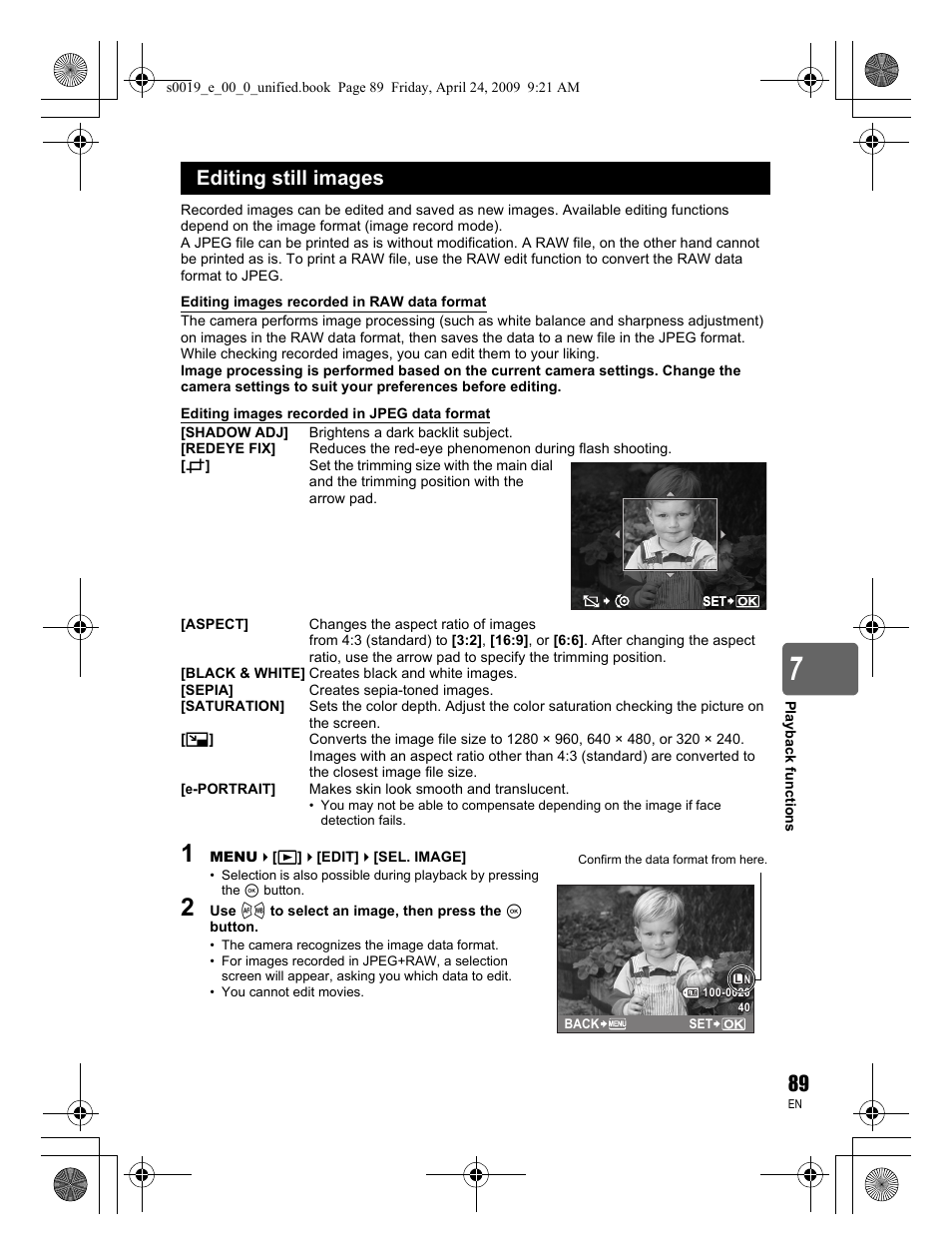 Editing still images | Olympus E-P1 User Manual | Page 89 / 164
