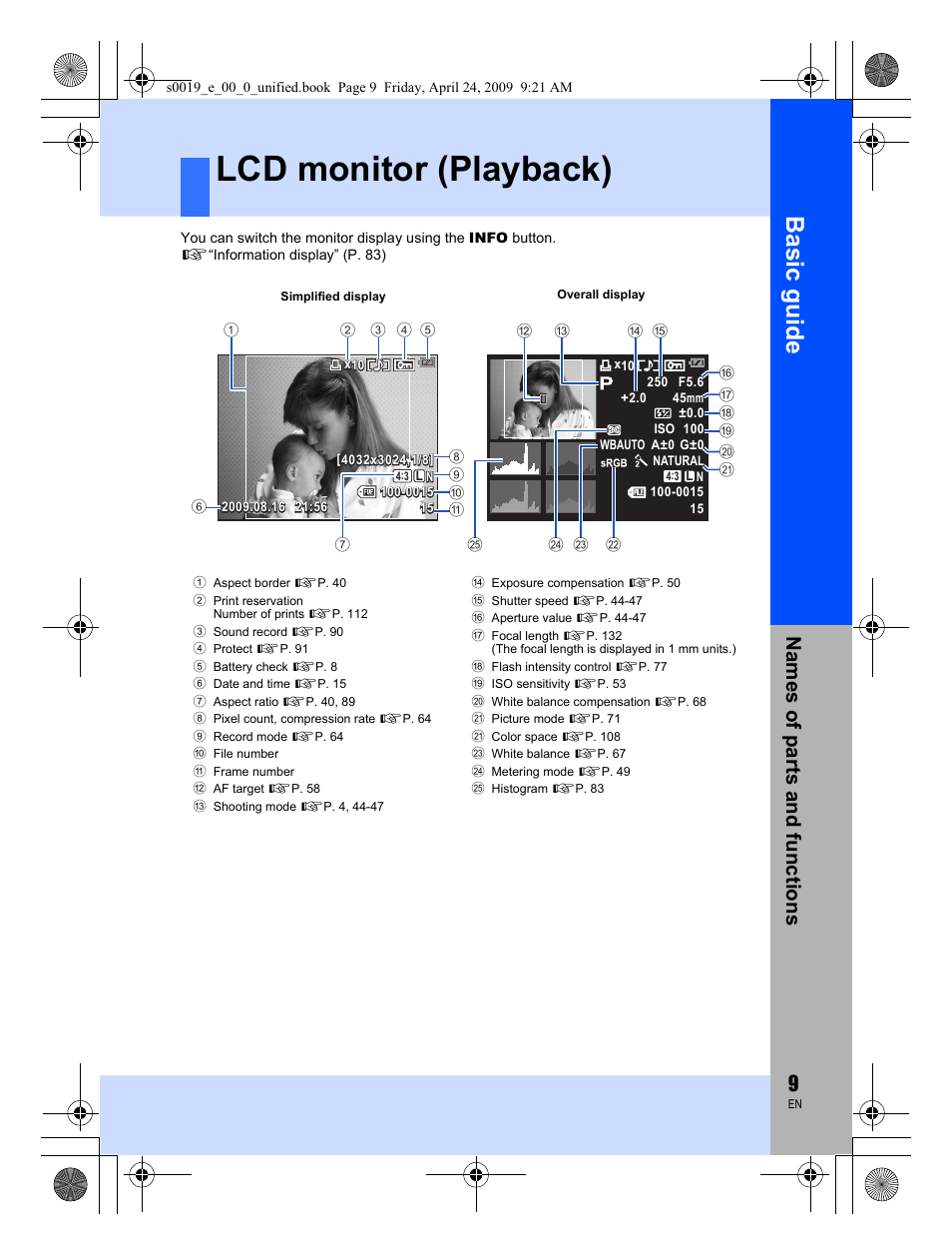 Lcd monitor (playback), Basic guid e, Names o f par ts a nd fun c tion s | Olympus E-P1 User Manual | Page 9 / 164