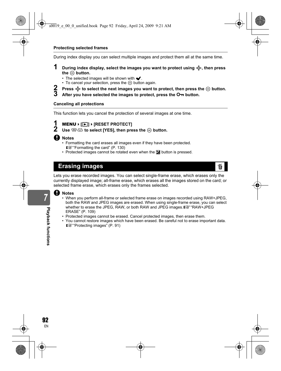 Erasing images | Olympus E-P1 User Manual | Page 92 / 164