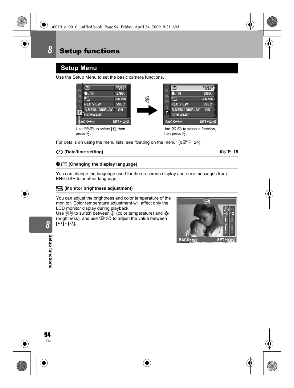 Setup functions, Setup menu | Olympus E-P1 User Manual | Page 94 / 164