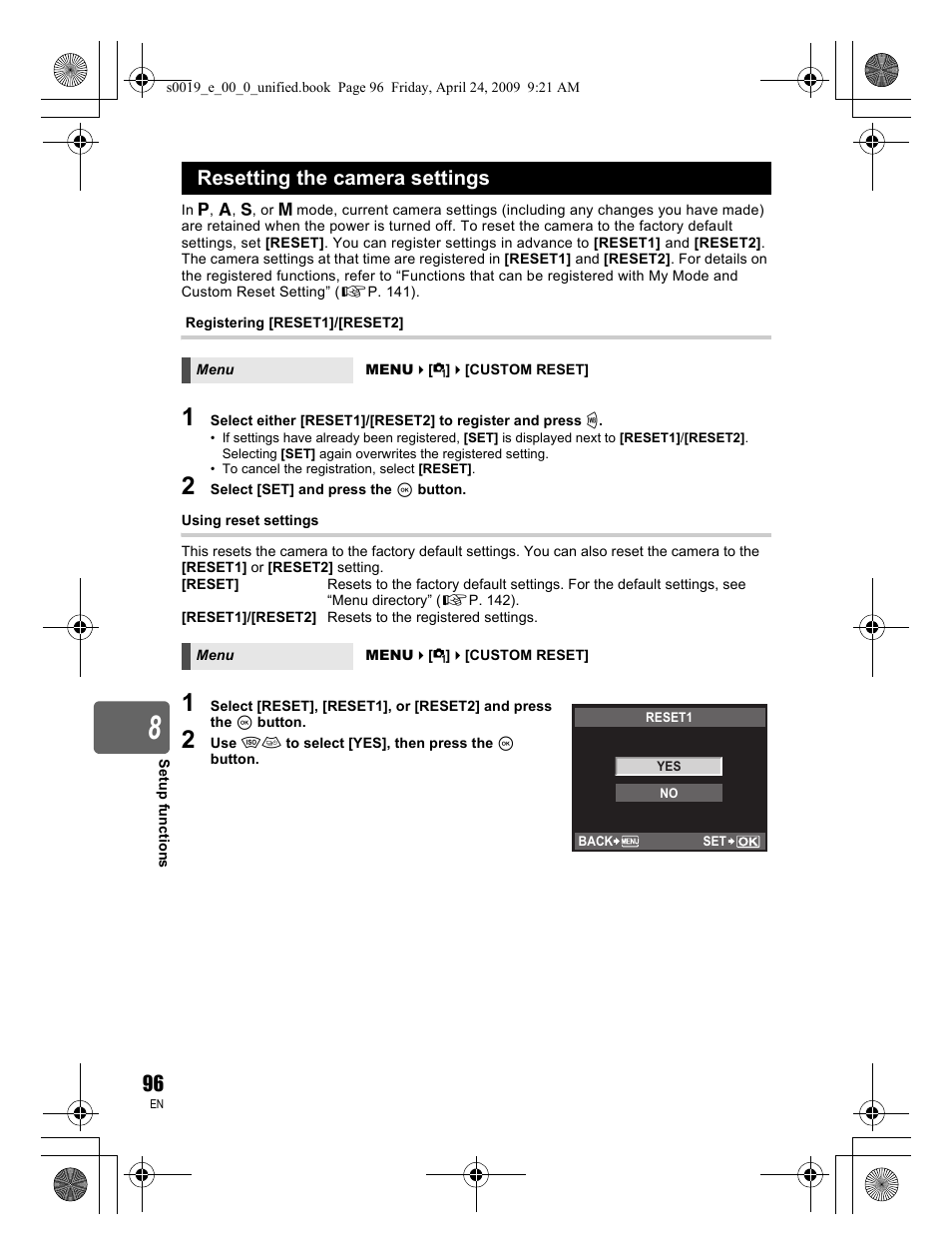 Resetting the camera settings | Olympus E-P1 User Manual | Page 96 / 164
