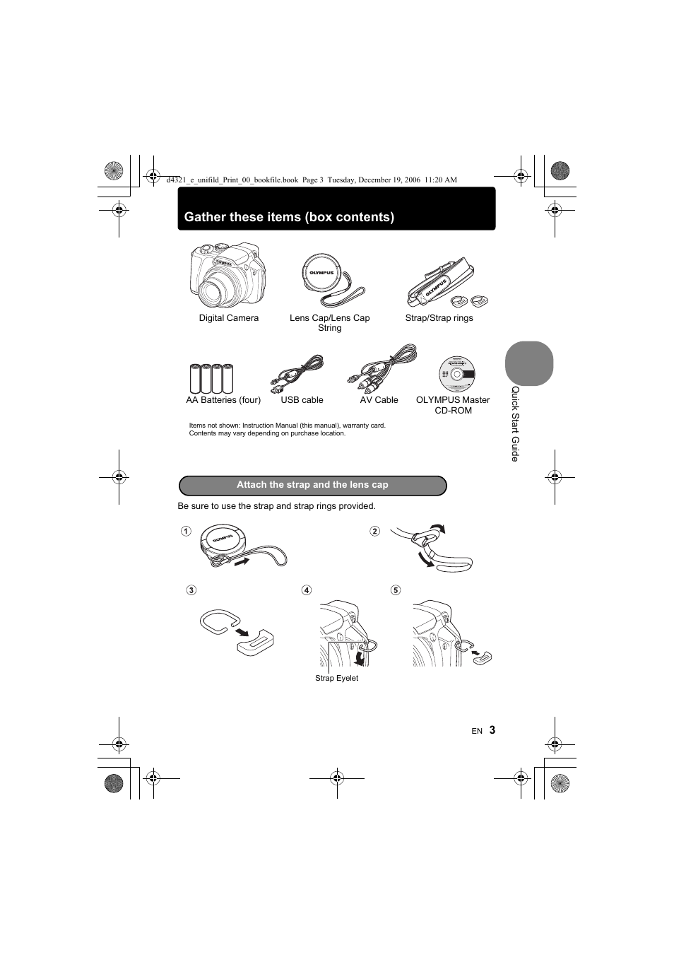 Quick start guide, Gather these items (box contents) | Olympus SP-550 UZ User Manual | Page 3 / 100